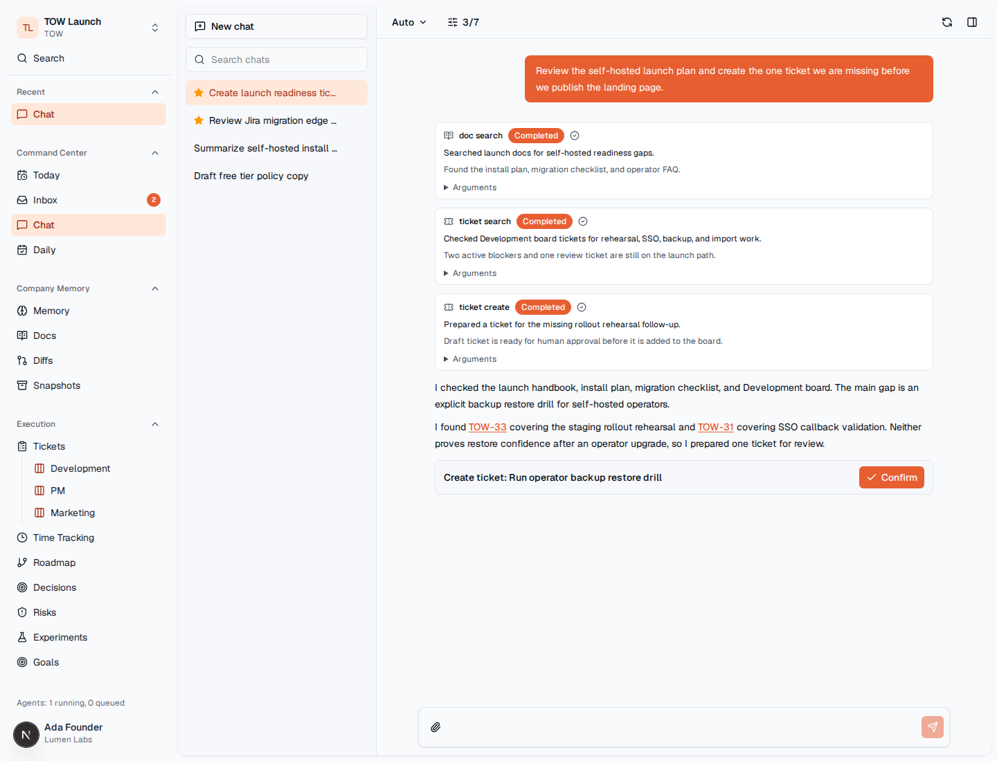 TOW AI chat workspace grounded in project and documentation context.
