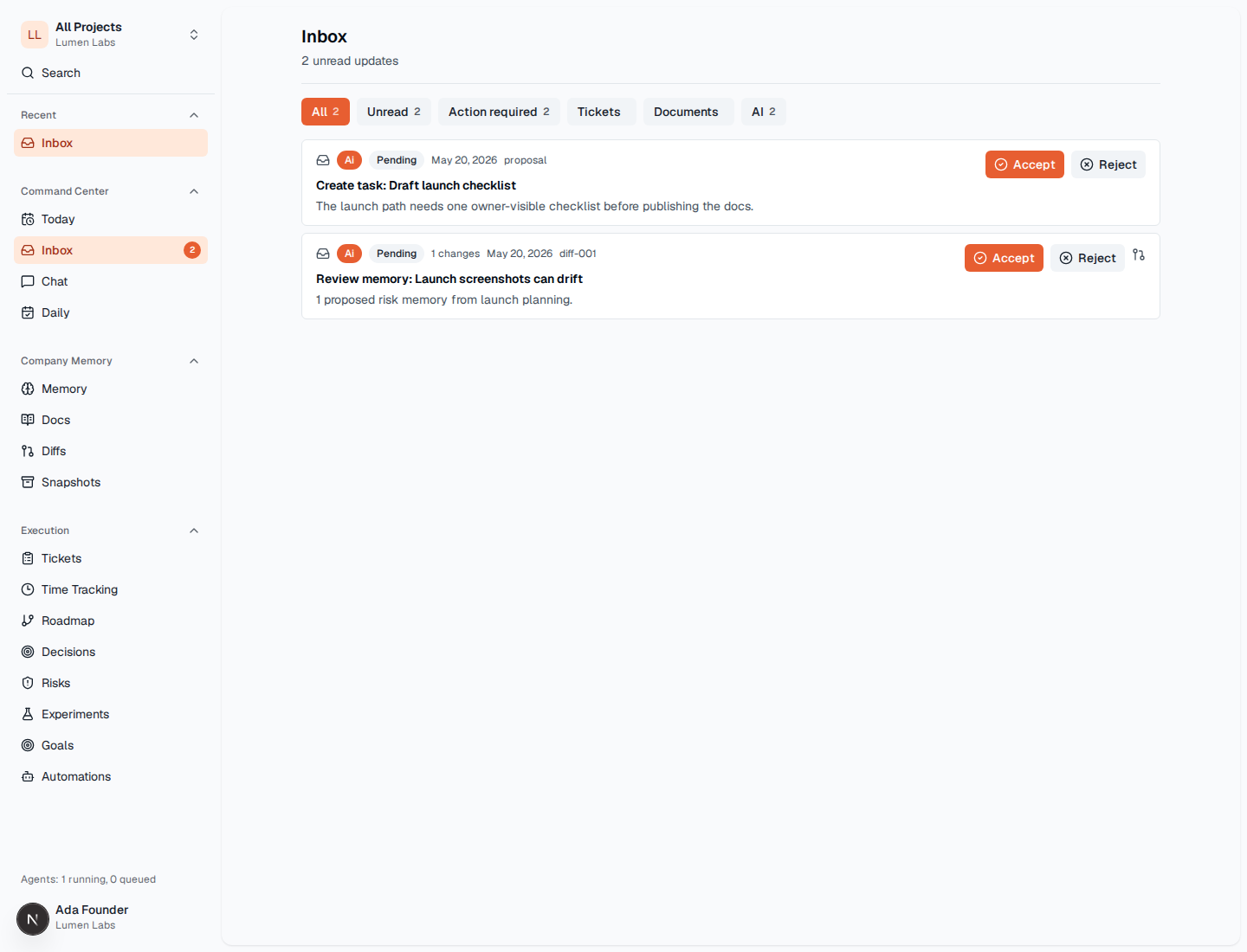 TOW inbox showing AI-generated proposals ready for review.